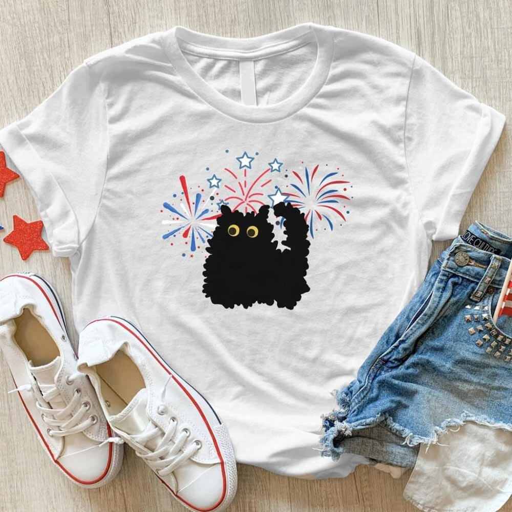 Fourth of July Cute Black Cat Unisex T-shirt, Independence Firework Day Shirt